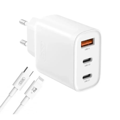 Зарядний пристрій з кабелем 2хType-C+USB/Apple Lightning 1 м XO L117 45 W білий