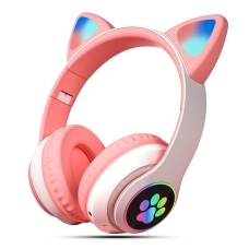 Навушники дитячі бездротові накладні CAT STN-28 LED MP3 Bluetooth з вушками рожевий