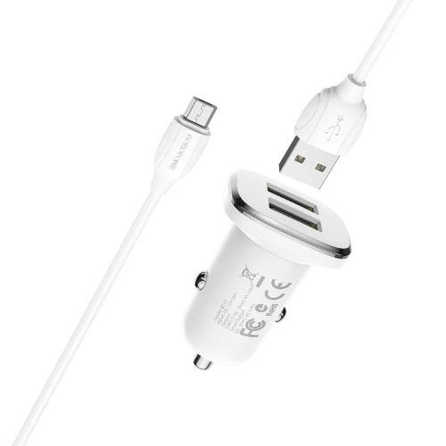Автомобільний зарядний пристрій з кабелем 2xUSB/micro-USB BOROFONE BZ12 Lasting 12 W білий