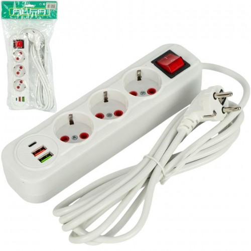Електричний подовжувач на 3шт/5м та 2 USB+1Type-C з вимикачем 505 new