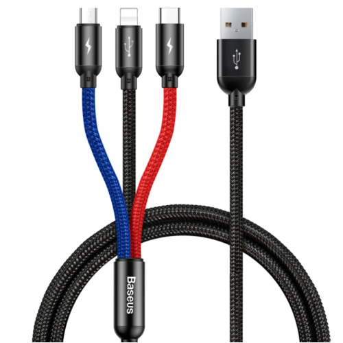 Кабель 3в1 USB/Apple Lightning+Type-C+microUSB 0.3 м Baseus Three Primari Colors 3.5 A чорний