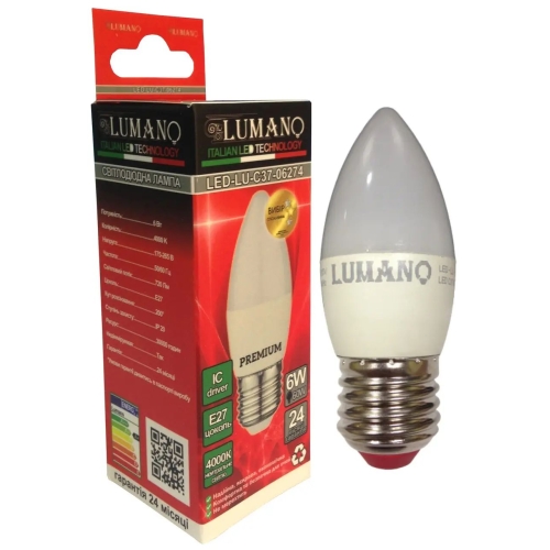 Лампа світлодіодна LED Lumano ДС C37 E27 6W 4000K 540Lm 06274 нейтральний білий