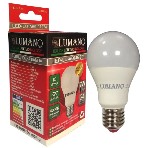 Лампа світлодіодна LED Lumano A60-7W-E27-4000K 630Lm LU-A60-07274 нейтральний білий