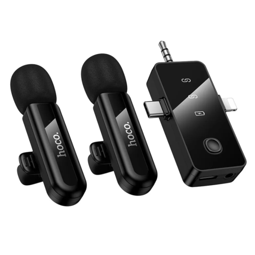Мікрофон конденсаторний петличний 2 шт HOCO L20C Fair Apple Lightning+Type-C+AUX для смартфона Bluetooth чорний