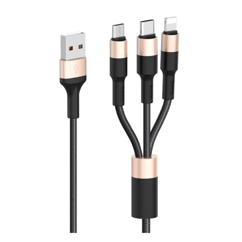 Кабель 3в1 USB/Apple Lightning+Type-C+microUSB 1 м Hoco X26 Xpress чорний з золотистим