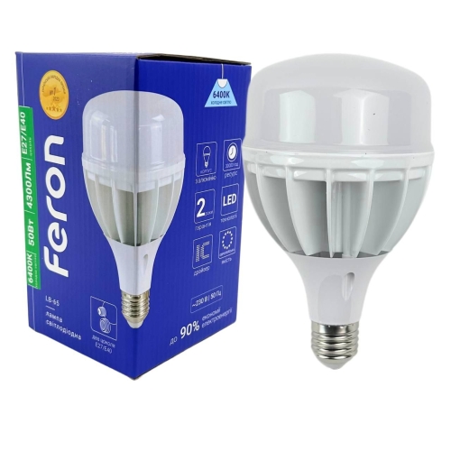 Лампа світлодіодна LED Feron LB-65 E27 50W 6400K 4300 Lm з перехідником Е40 холодний