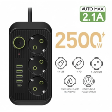 Мережевий фільтр живлення UA Power Socket F09U на 185 см 3 розетки +4USB +Type-C Port, мережевий подовжувач чорний new