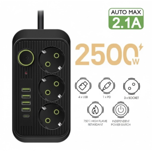 Мережевий фільтр живлення UA Power Socket F09U на 185 см 3 розетки +4USB +Type-C Port, мережевий подовжувач чорний new